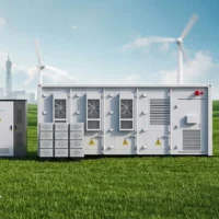 Containerized energy storage system on a green field with solar panels and wind turbines