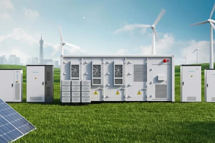 Containerized energy storage system on a green field with solar panels and wind turbines